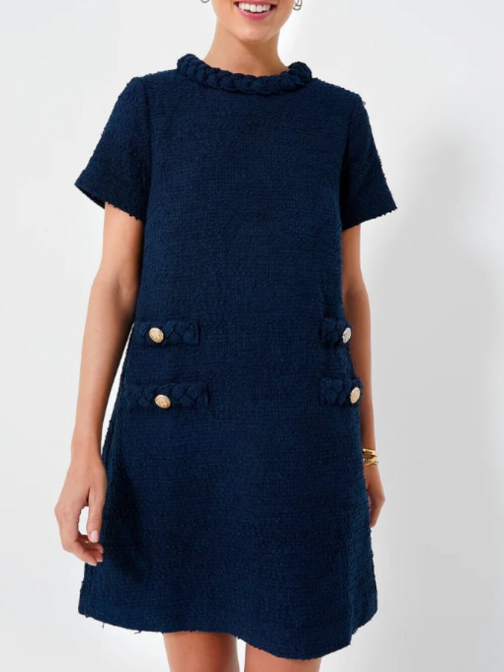 Jackie Style Boat Neck Wool Blend Tweed Dress in Dark Blue